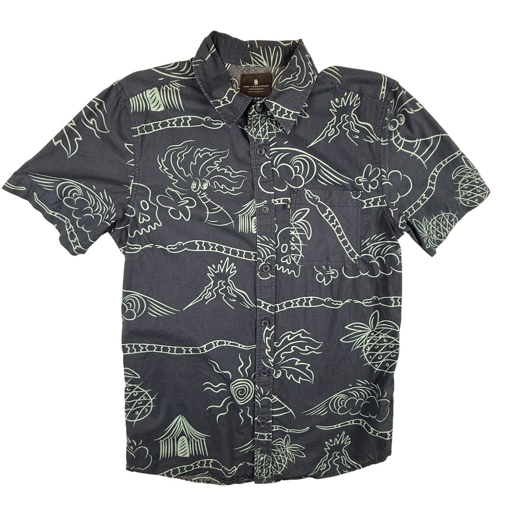 Junk Food Clothing Mens Small Black Tropical Skull Snake Graphic Button Up Shirt - Picture 1 of 8